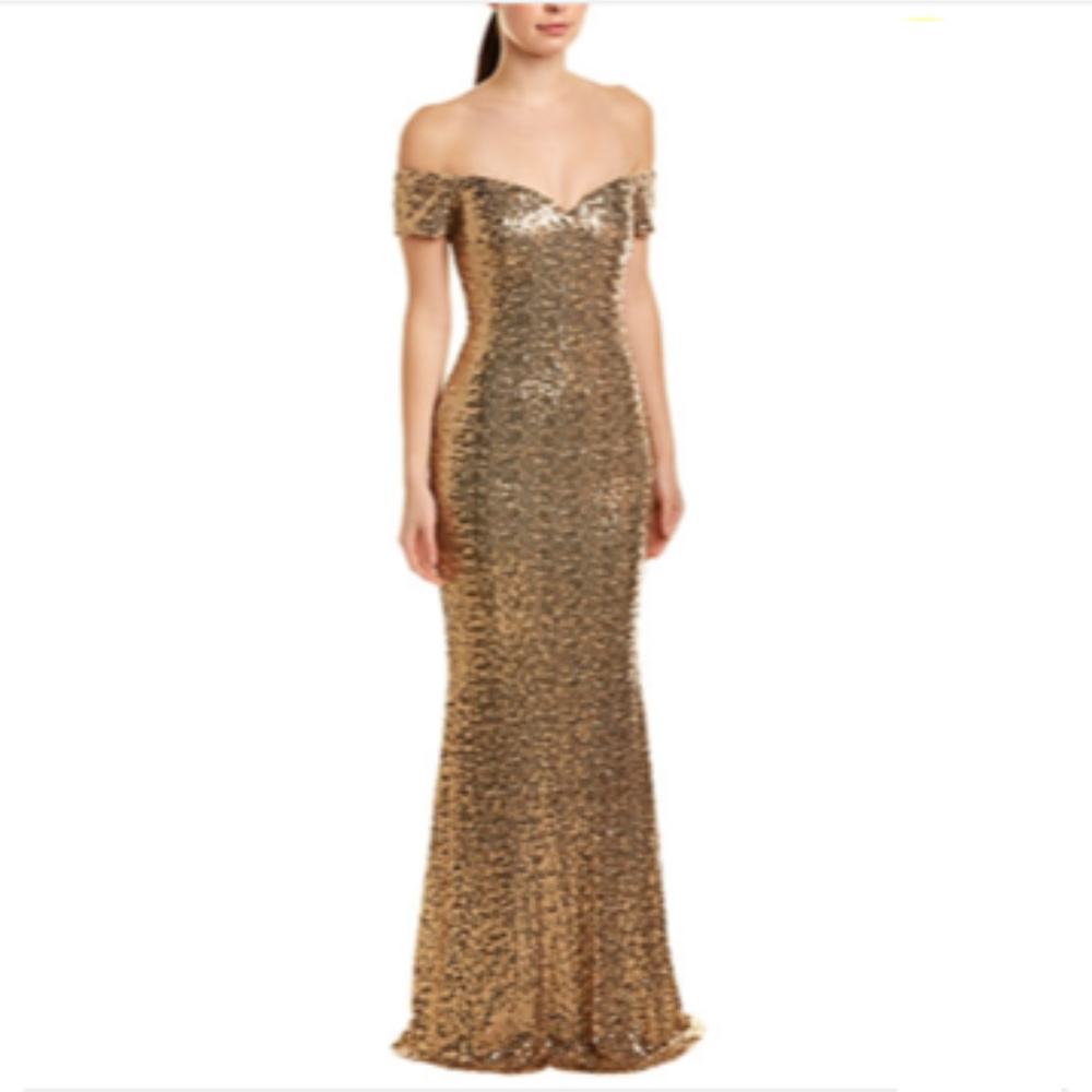 Badgley Mischka Off-Shoulder Sequin Gown